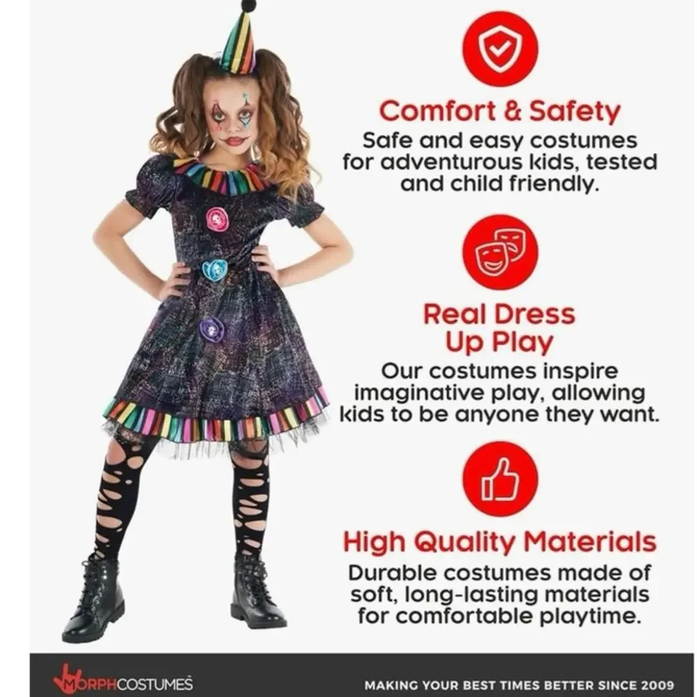 New black rainbow Morph Clown circus Costume Creepy Halloween girls medium